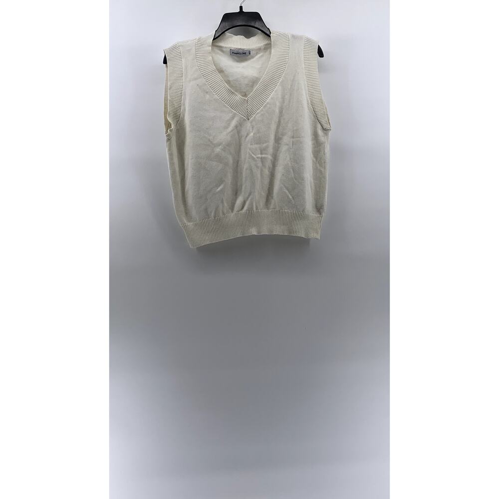 PAMPELONE Women's White Solid Knit V-Neck Sleeveless Sweater Vest SZ M/L